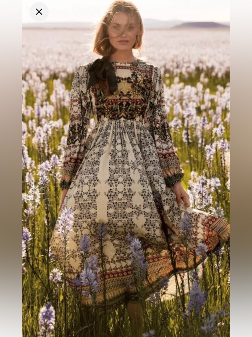 Anthropologie Cream Floral-Print Midi Dress